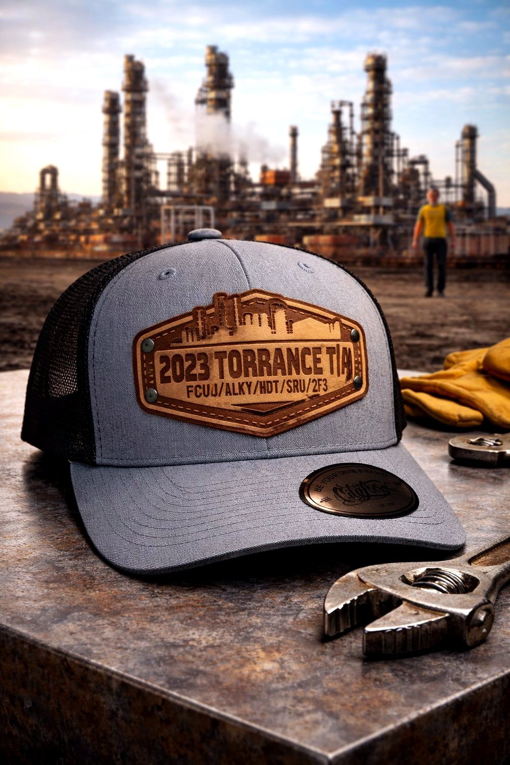 Leather patch cap for a refinery turnaround crew
